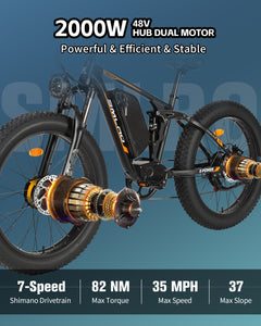 2000W Dual Motor 35MPH Electric Bike, 26'' Fat Tires & 48V 22.4Ah Removable Battery, Dual Hydraulic Disc Brake 7 Speed, Full Suspension, Mountain Snow Ebike for Adults