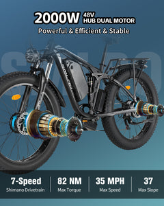 Smlro V3 Plus Electric Bicycle, 2000W Dual Motor 26'' Fat Tire Electric Bike, Full Suspension, 48V 22.4AH Removable Battery, 7 Speed up to 35MPH, Mountain Snow Ebike for Adults