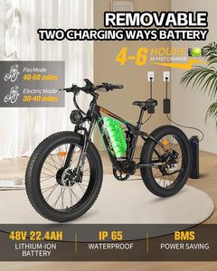 2000W Dual Motor 35MPH Electric Bike, 26'' Fat Tires & 48V 22.4Ah Removable Battery, Dual Hydraulic Disc Brake 7 Speed, Full Suspension, Mountain Snow Ebike for Adults