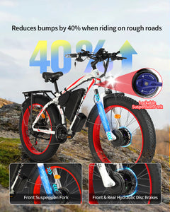 SMLRO Electric Bike for Adults, 26'' Fat Tires & 48V 22.4Ah Removable Battery, Dual Motor AWD 2000W 35MPH Ebike 21 Speed with Hydraulic Disc Brake