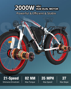 SMLRO Electric Bike for Adults, 26'' Fat Tires & 48V 22.4Ah Removable Battery, Dual Motor AWD 2000W 35MPH Ebike 21 Speed with Hydraulic Disc Brake