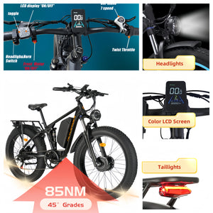 Electric Bike for Adults, 2000W Dual Motor Electric Bicycle, 26” 7 Speed AWD 35MPH Full Suspension Fat Tire Ebike, Dual HDB/Shock-absorber, 48V 22.4Ah MTB for Adult, Trailblazer