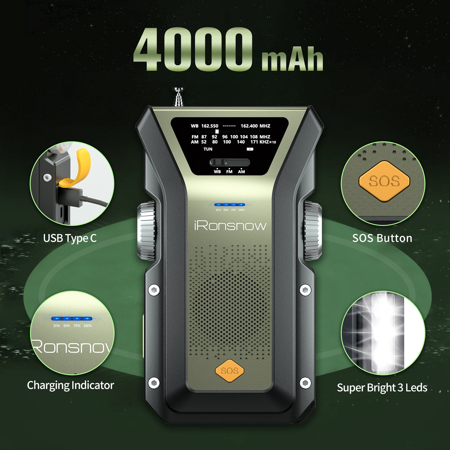  Emergency Crank Weather Radio, 4000mAh Solar Hand